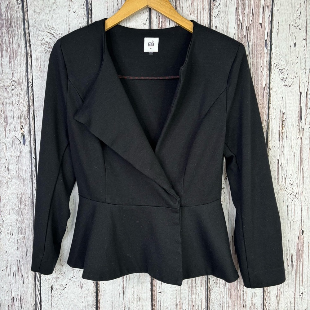 CAbi Size 6 Agency Jacket Black Ponte Knit Stretch Peplum Hem Shoulder Pads EUC!